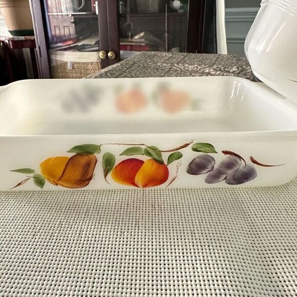 Anchor Hocking FIRE KING 2 pc Loaf Pan & Rectangular Peach Blossom Dish Vintage - Picture 2 of 9